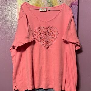 Quacker Factory Pink Heart Embellished Short Sleeve Top
